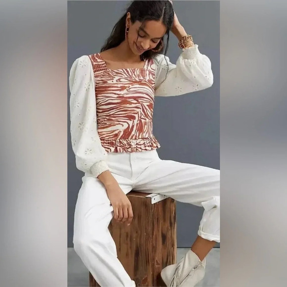 LOVE THE LABEL ANTHROPOLOGIE LOVE THE LABEL SMOCKED EYELET PUFF SLEEVE BLOUSE - Picture 3 of 12